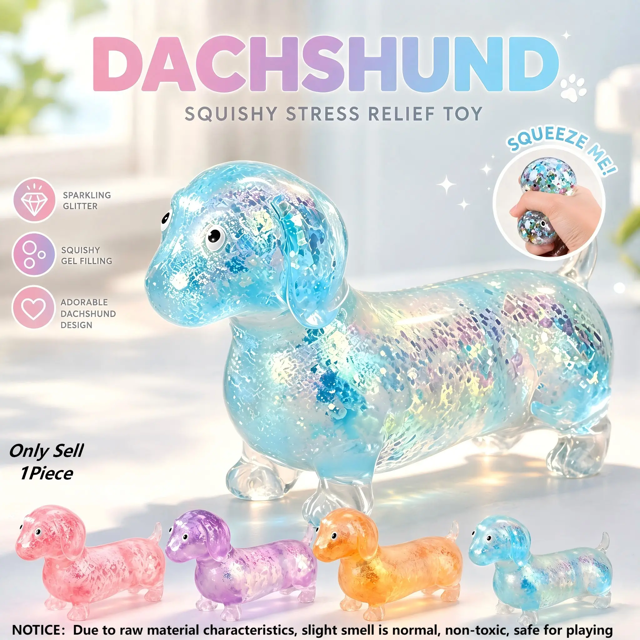 Cute Dachshund Squishy Toy, Animal Shaped Squeeze Stress Relief Toy, Kawaii Soft Squeeze Sticky Fidget Toy, Creative Birthday & Valentine's Day Gift for Kids, Boys & Girls, Squishy Animals