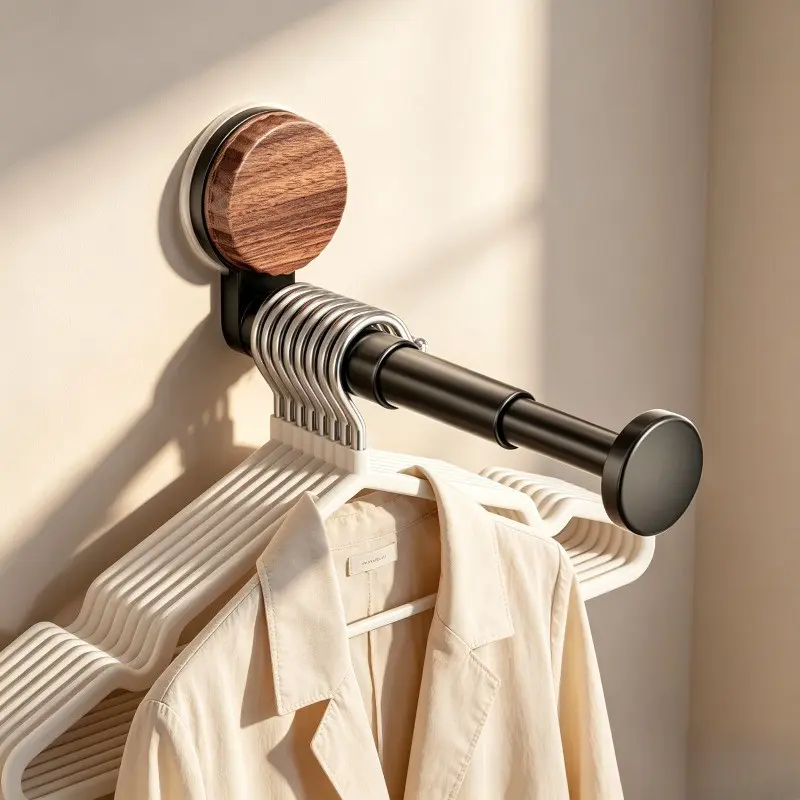 Suction Cup Retractable Hanger Organizer Wall Mounted, Walnut Decor Clothes Hanger Storage Rack, Space Saving Heavy Duty Hanger Holder for Laundry Room, Bathroom, Bedroom Closet, No Drilling Installation