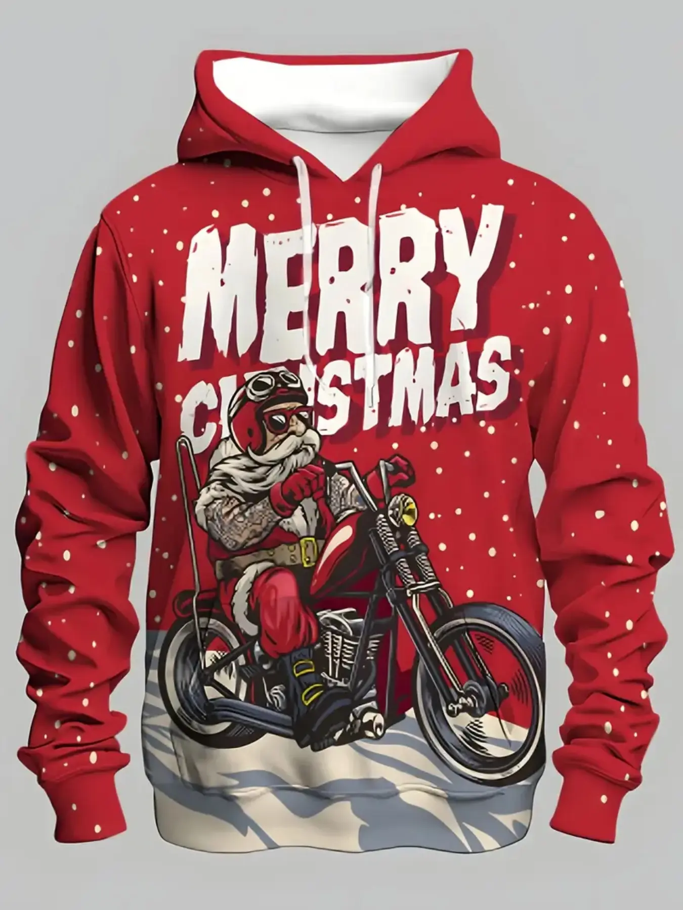 Digital Print Fashion Hooded Sweatshirt, Printed Hoodies, Christmas Style, 3D Printed Design, Cool Santa Riding Snowflake Motorcycle, Casual Slim Fit