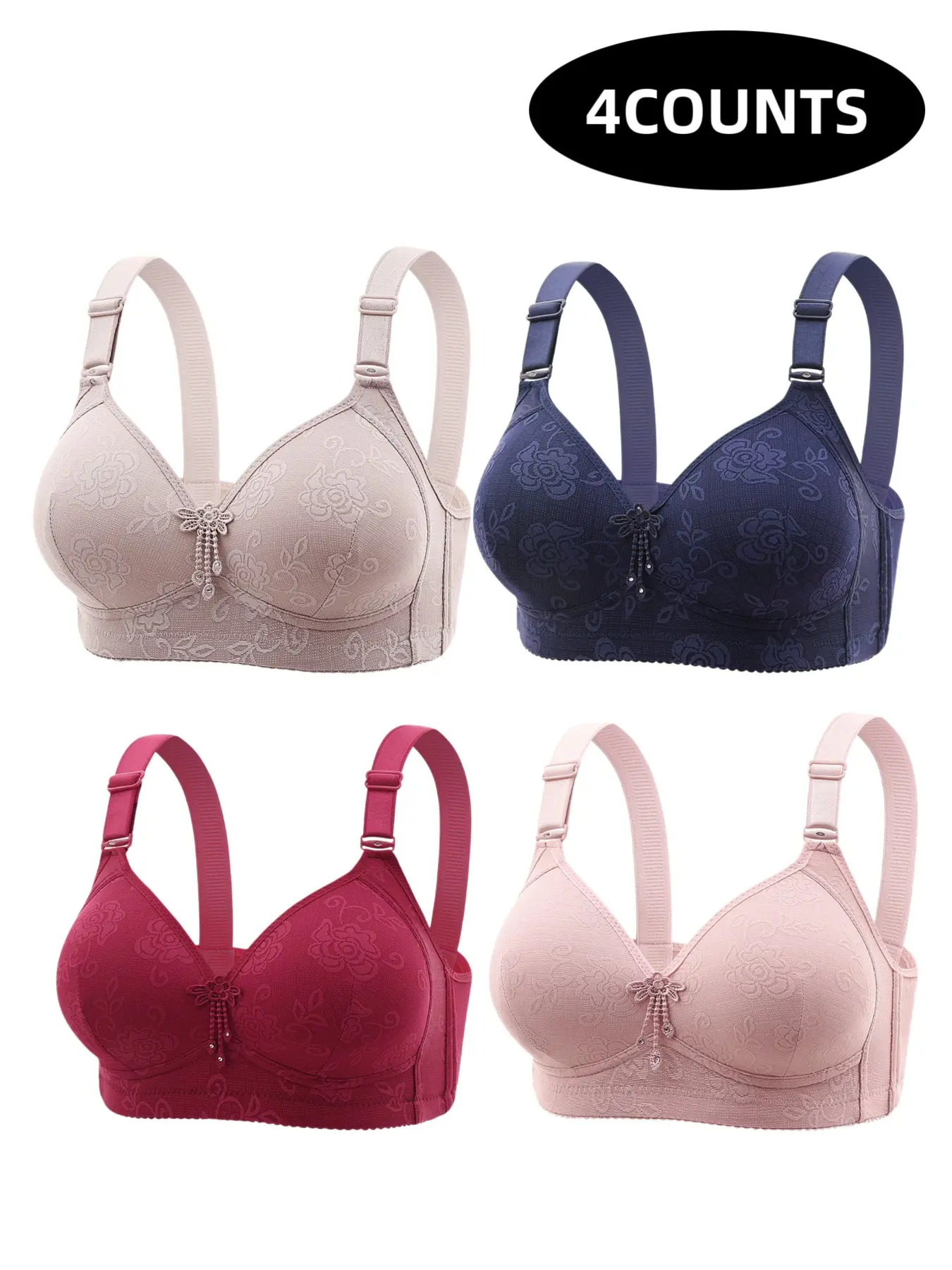 4-Pack Women's Lace Wireless Push-Up Bras, Seamless Comfort Fit, Daily Wear Underwire-Free Bra, Breathable Soft Fabric, Full Day Support