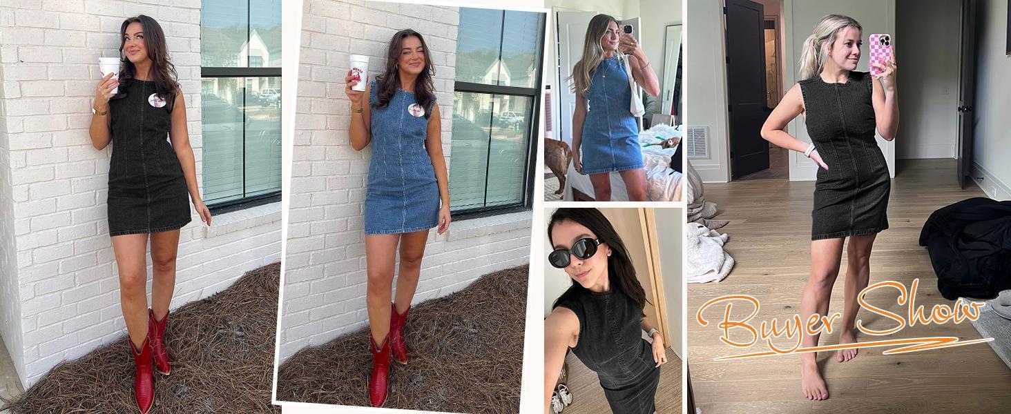 Danedvi Womens Denim Mini Dress Casual Sleeveless Crewneck Summer Jean Tank Dresses Blue Womenswear SpringStatements