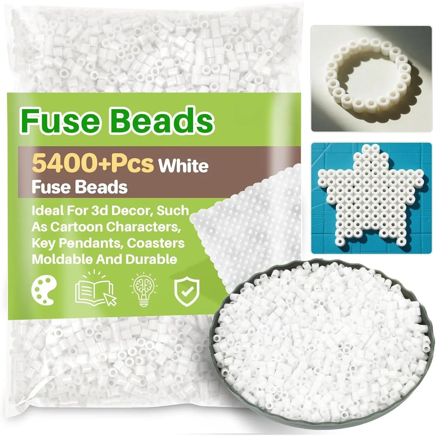 5400+Pcs Fuse Beads Bulk - 5mm Melting Beads for Crafts, White | Iron Beads for Crafts, DIY Art Projects for Bracelet, , Necklace, Earring,  Making, Christmas Craft Beads