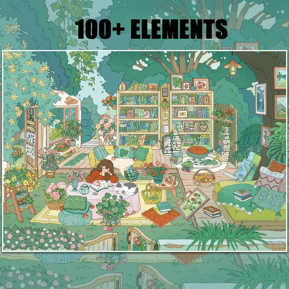 Cozy Green Reading Nook Scene Building Sticker Set, Relaxing Stickers, Build-Your-Own Botanical Library Corner with Stackable Elements, Relaxing Therapeutic Craft for Scrapbooking Crafting, Gift for Readers Writers Cozy Aesthetic Enthusiasts