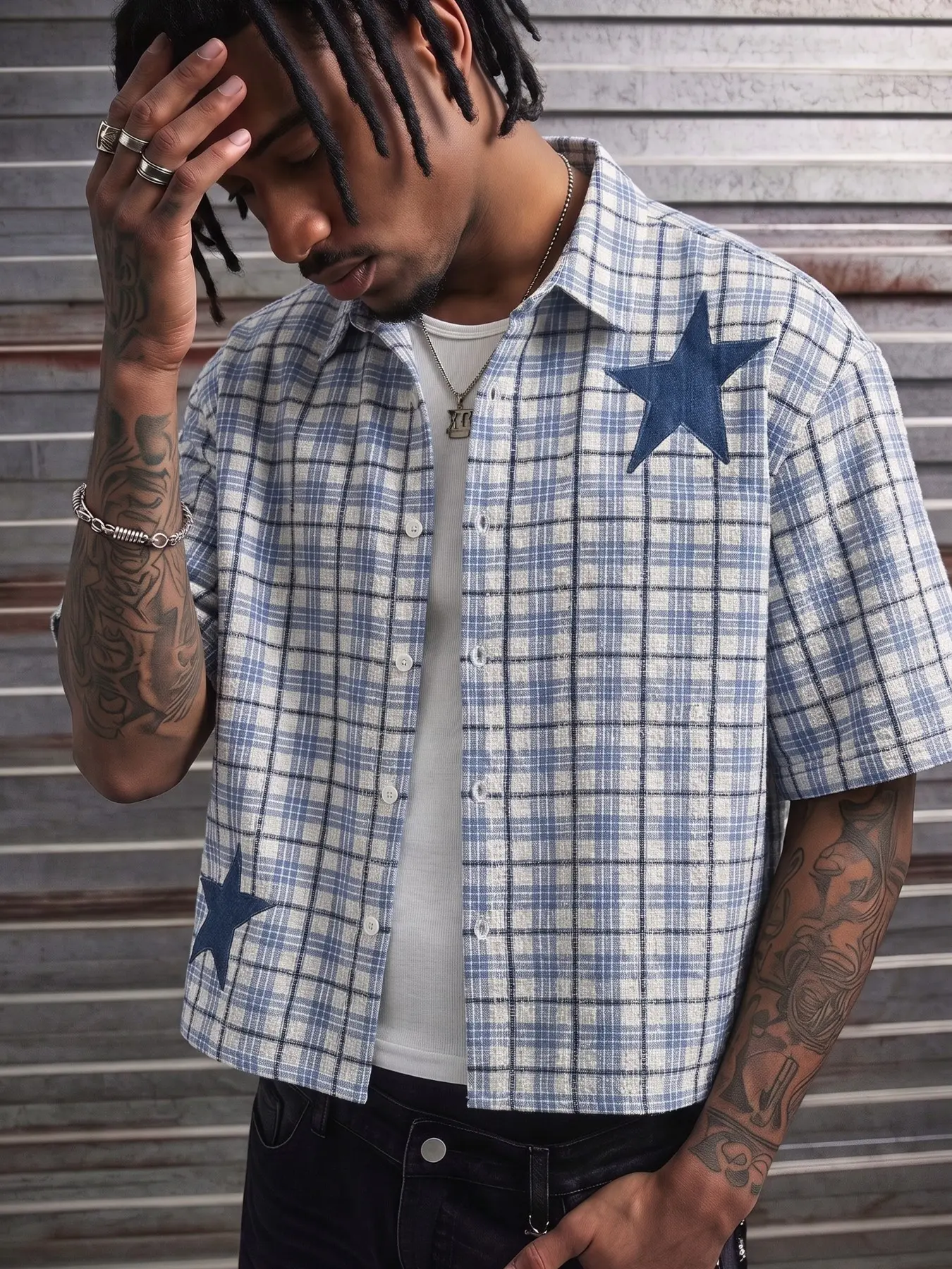 Men's Trendy Plaid Shirt, Casual Tops, Retro Vintage Button Down Shirt with Star Graphic Patchwork, Street Style Men's Short-Sleeve Lapel Tee, Fashionable Streetwear, Y2K Grunge Aesthetic, Urban Casual Wear Top Suitable for Back to School