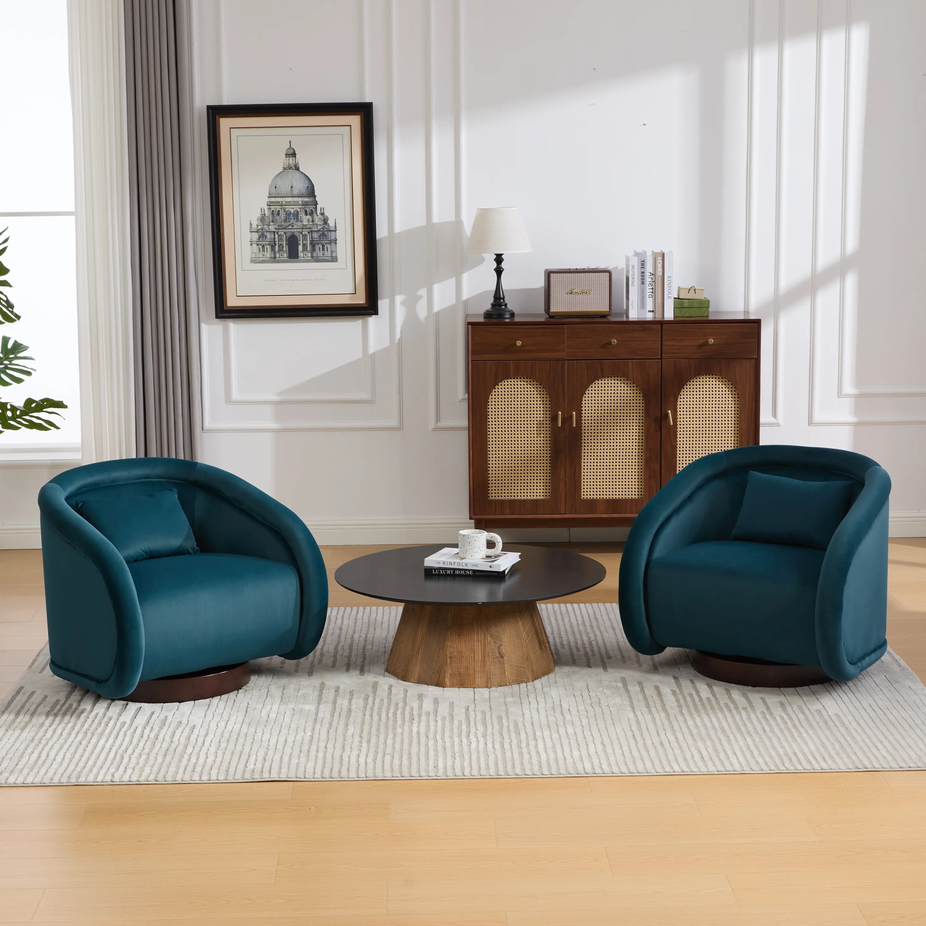 ARCH Swivel Accent Chair - 360-Degree Swivel Seat Pumpkin Shape Barrel Chair with Velvet Upholstery, Foam Spring Cushion, Rubber Wood Base for Living Room, Easy Assembly Modern Teal Indoor Furniture