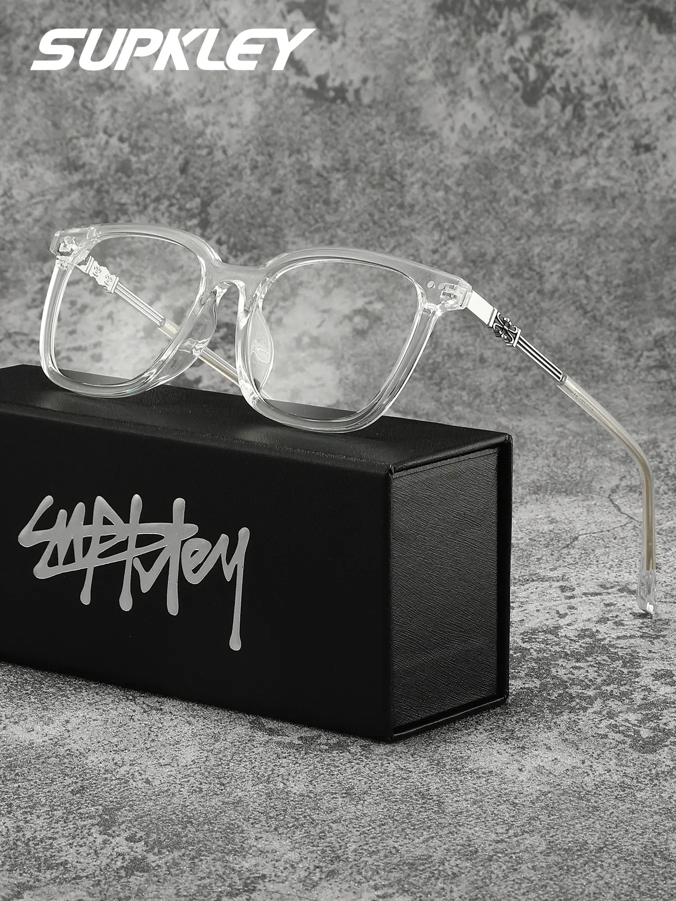 SUPKLEY Casual Comfort Full Frame Men's Glasses, Square Large PC Material, Fashion Decoration, Blue Light Blocking Clear Lens, Anti Blue Glasses