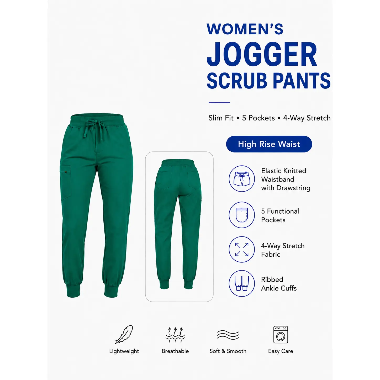 Women's Jogger Scrub Pants in 4-Way Stretch - High Waist Medical Uniforms with an Adjustable Drawstring, Breathable Work Clothes, Bottom, Fitted, Elastic, Casual, Work Clothes Women, Basics, Drawstring Jogger Trousers, Elastic Waist Joggers