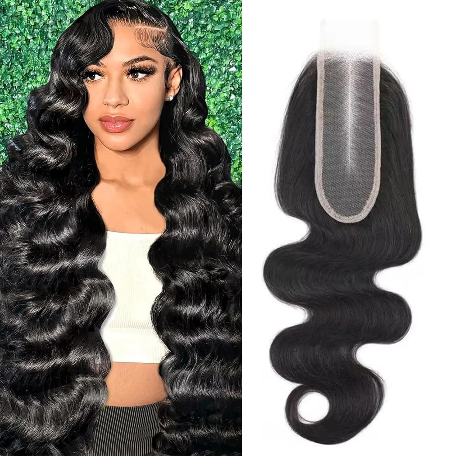 2x6  Wave Lace Closure Human Hair Pre Plucked Transparent Lace Frontal Closure With  Hair Free Part  Virgin Human Hair 150% Density Ture Size 14 Inch