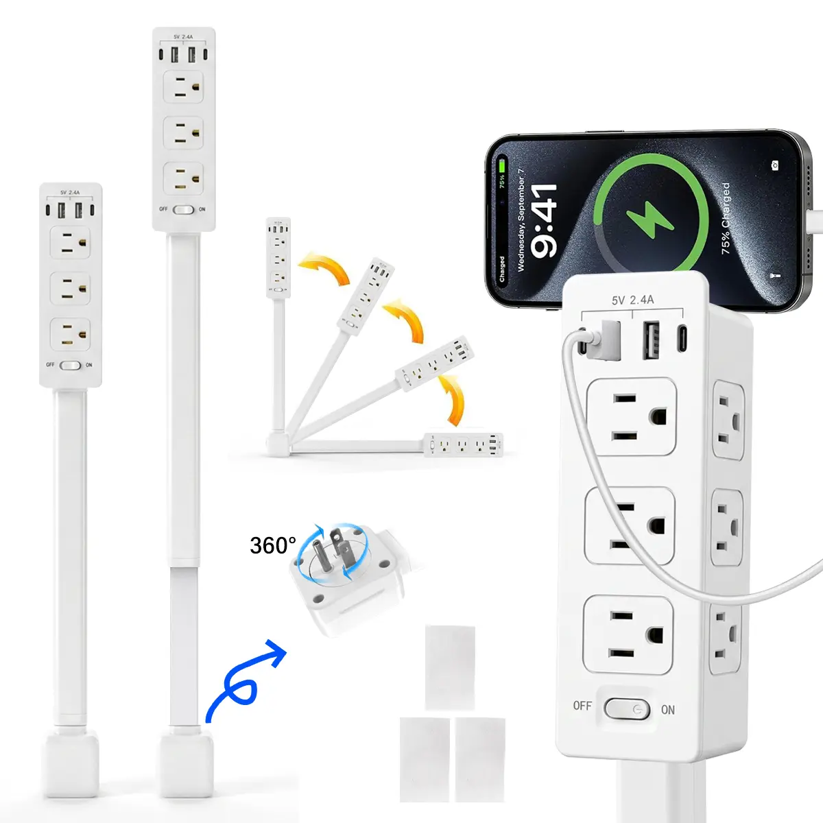 Retractable Rotating Wall Outlet Extender (20"-29") | Multi-Sided AC Outlets + USB-C/A Fast Charging | ETL Certified No-Drill Power Strip | Ideal for Home & Office Desk Organization