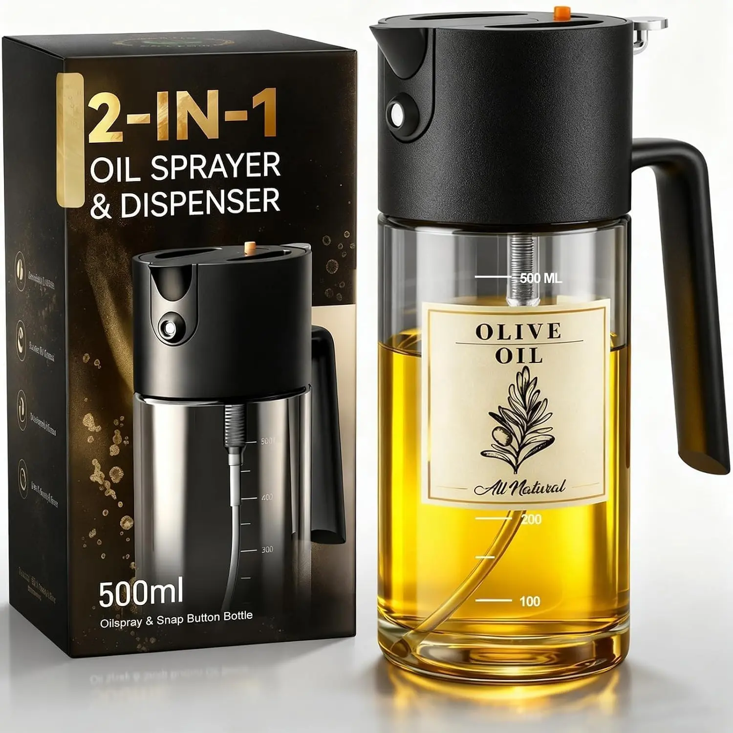 Professional 500ml Glass Oil Sprayer - 3-in-1 Kitchen Tool: Fine Mist, Stream & Pour | Leak-Proof Design for Air Fryer, BBQ & Cooking | BPA-Free