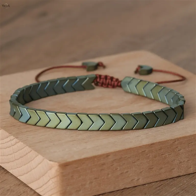 Women's Handmade Chevron Arrow Hematite Bead Bracelet - Adjustable Braided Rope Wristband, Casual Wear, Adjustable Fit, Boho Minimalism, Lightweight Healing Stone Jewelry Gift, 3 Colors Available, Hematite Beads