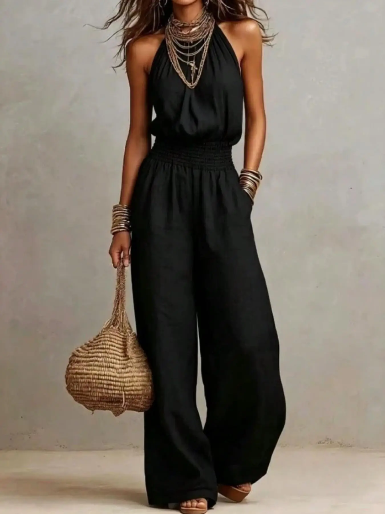 BohoVibe Black Lightweight Linen‑Blend Halter Backless Sleeveless Ruched Elastic‑Waist Wide‑Leg Jumpsuit with Side Pockets, Viral Women’s Outfit on TikTok in 2026, Breathable Flowy Short Jumpsuit, Ideal for Summer Beach Trips, Coastal Vacations