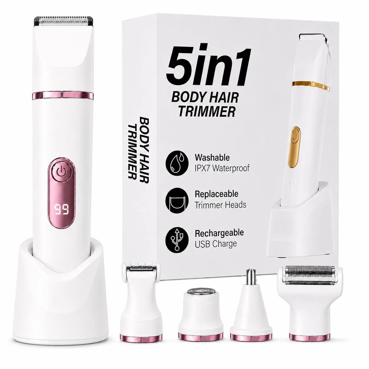 2026 New Updated 5-in-1 Electric Bikini Trimmer for Women – IPX7 Waterproof Shaver, Cordless Body & Facial Razors for Women, Ceramic Blades, USB Rechargeable, Painless Hair Removal Kit