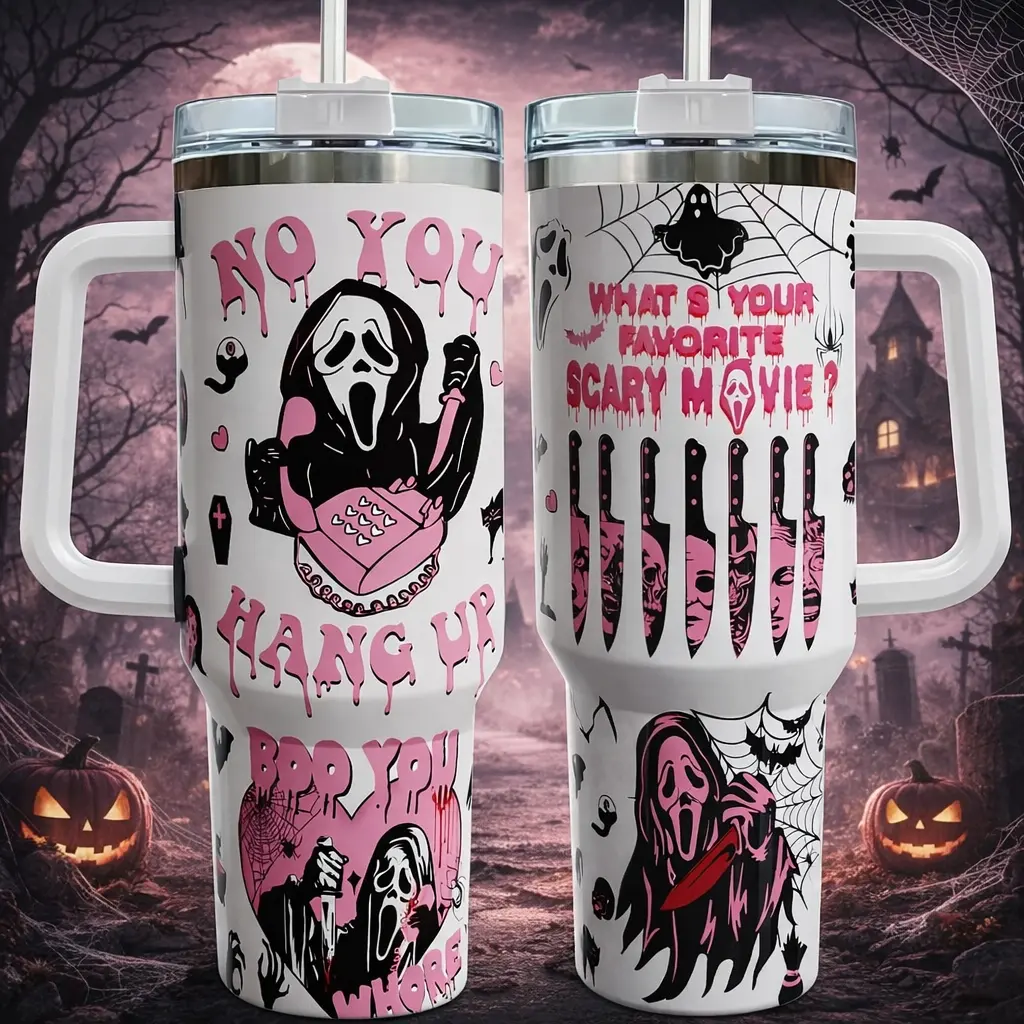 No You Hang Up Tumbler, Horror Movie 40oz Tumbler, Halloween Insulated Cup, Cute Pink Ghostface 40oz Tumbler, Halloween Gift