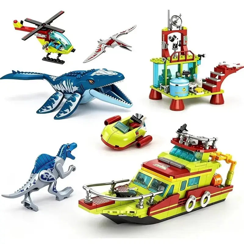 Escape Canglong Mouth Building Blocks Jurassic World Mosasaurus Attack Ship Bricks Toys Dinosaur Theme For Children Gift
