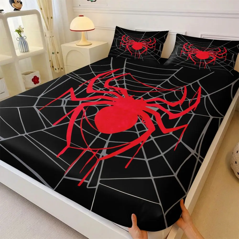 3Pcs Gothic Spider Web Fitted Sheet Set, Cool Red Spider Pattern Bed Sheets Set, Soft Microfiber Bedding Set for Teen Bedroom Decor, Decorative Bedsheet Sets, Halloween Horror Aesthetic Bedding, Easy Care Deep Pocket No Fillers