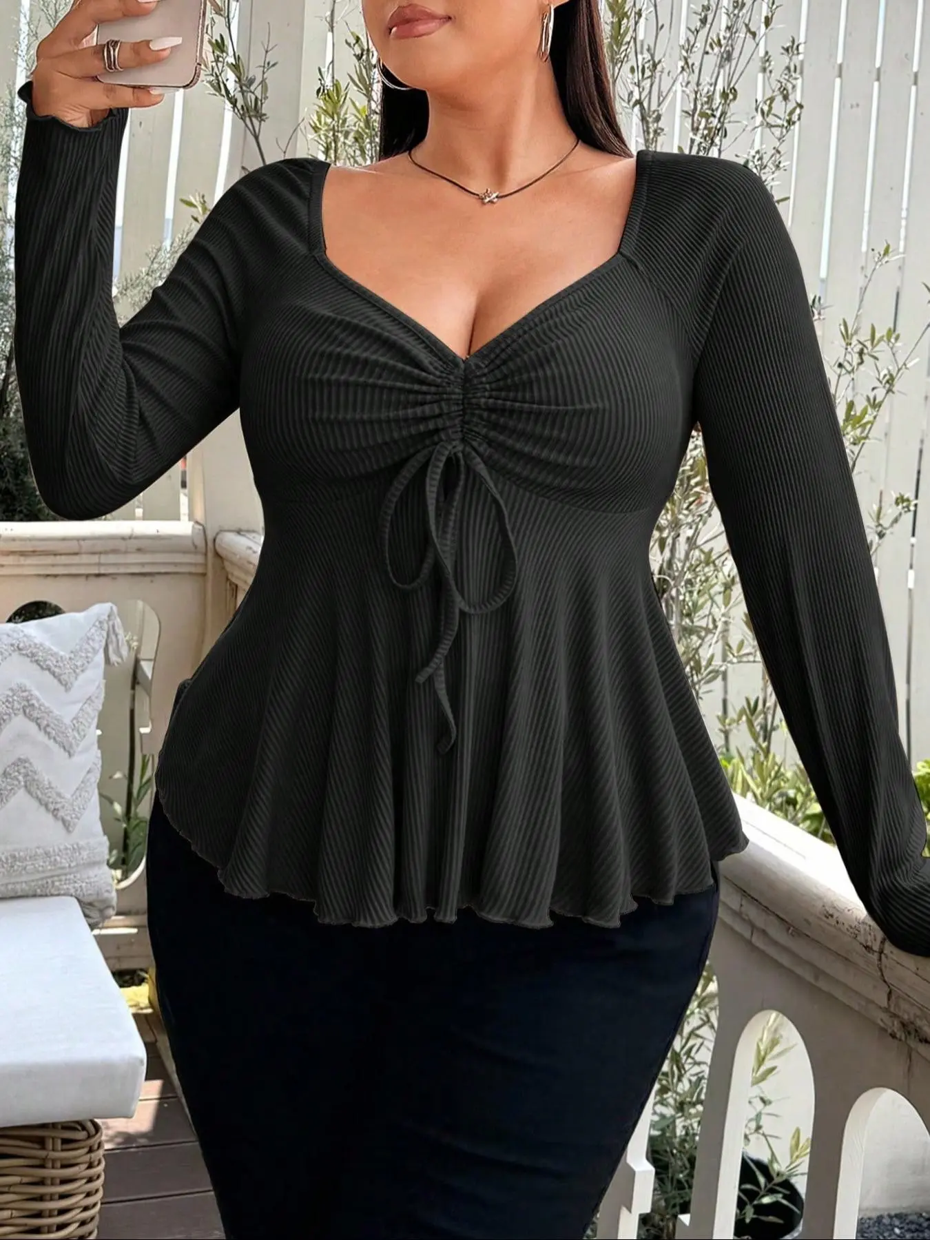 Plus Size Spring Summer Deep V Drawstring Ruched Top, Ribbed Waist Slimming Sexy Peplum Long Sleeve Shirt, Elegant Plain Casual Style, Adjustable, Feminine, Aesthetic