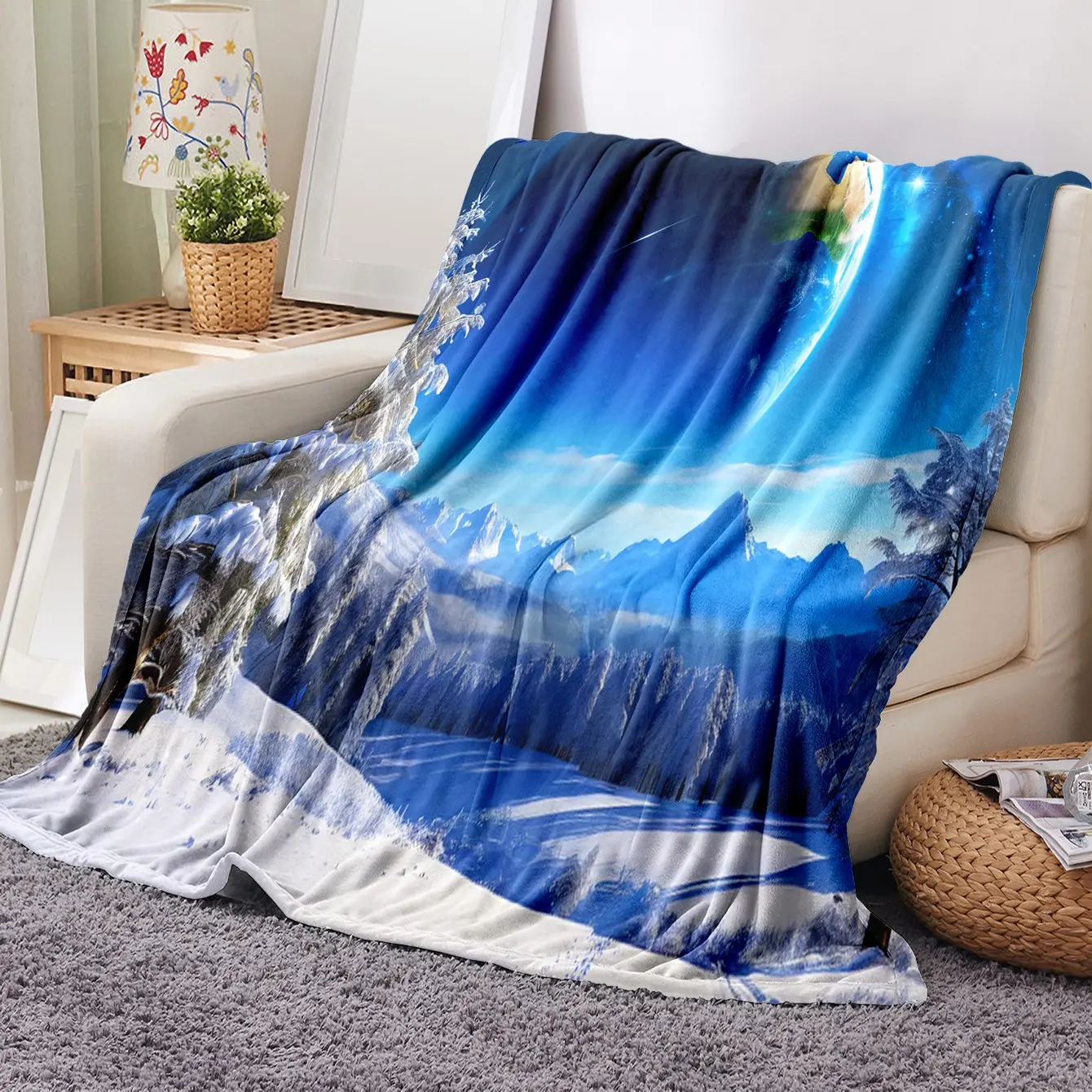 Cosy Plush Flannel Blanket Blue Starry Sky Planet Snow Pine Tree Mountain Landscape Print, Ultra Soft Warm Throw Blanket For Bedroom Sofa Travel Camping Home Decor