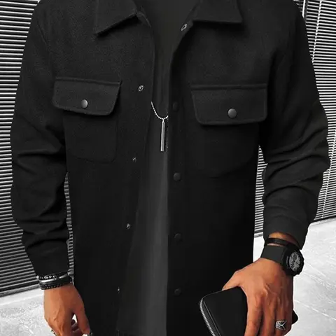 Men's Button Front Pocket Jacket, Casual Collared Long Sleeve Outerwear for Fall & Winter, Men's Tops for Daily Wear, Men's Drippy Outfits Going Out Outfit