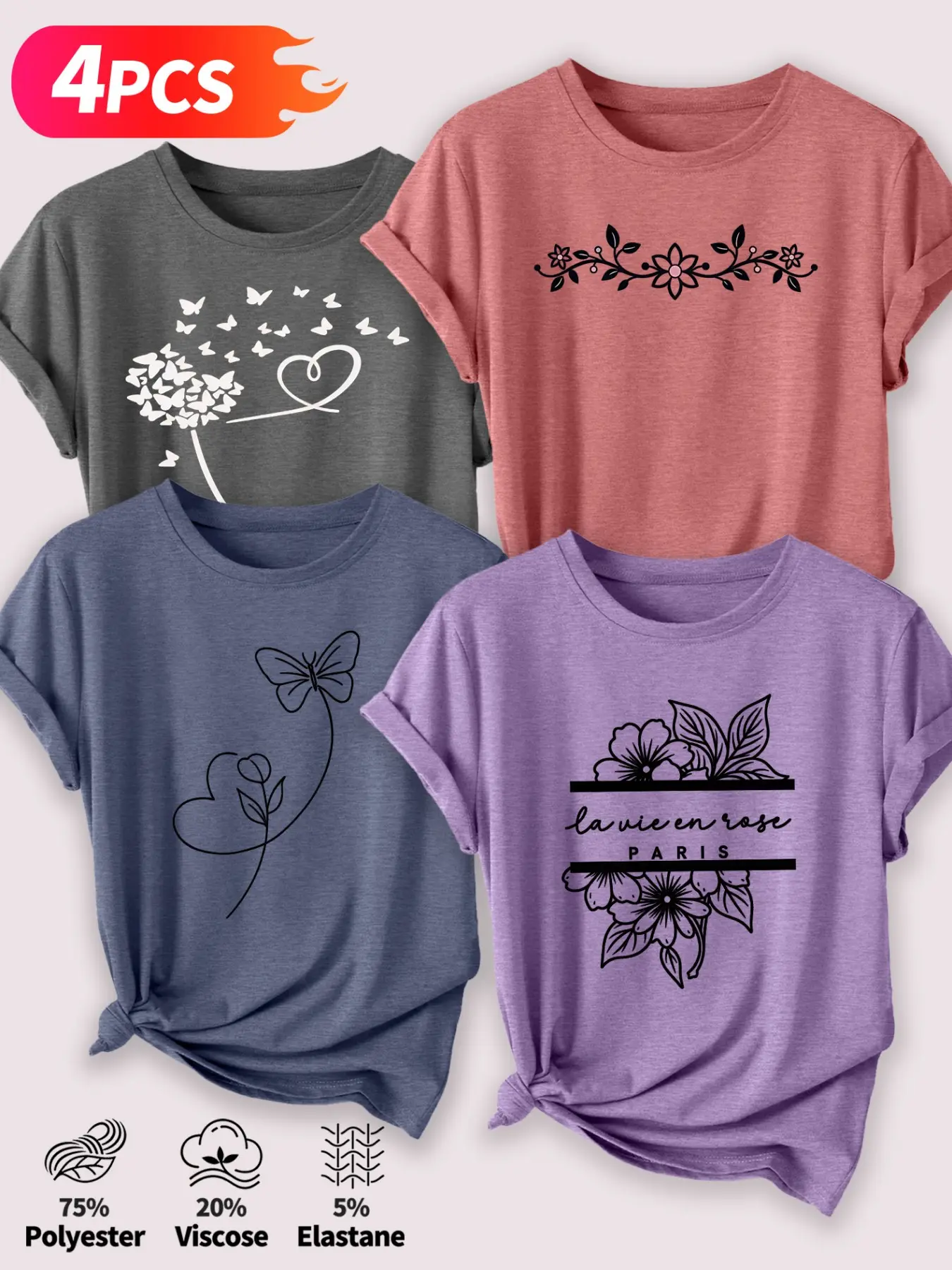 4Pcs Women Crew Neck T-shirt, Basic Casual Tops, Round Neck, Dandelion Butterfly French Floral La vie en rose Minimal Line Art Print, Multi-color Soft Fashion Casual Ladies Tees