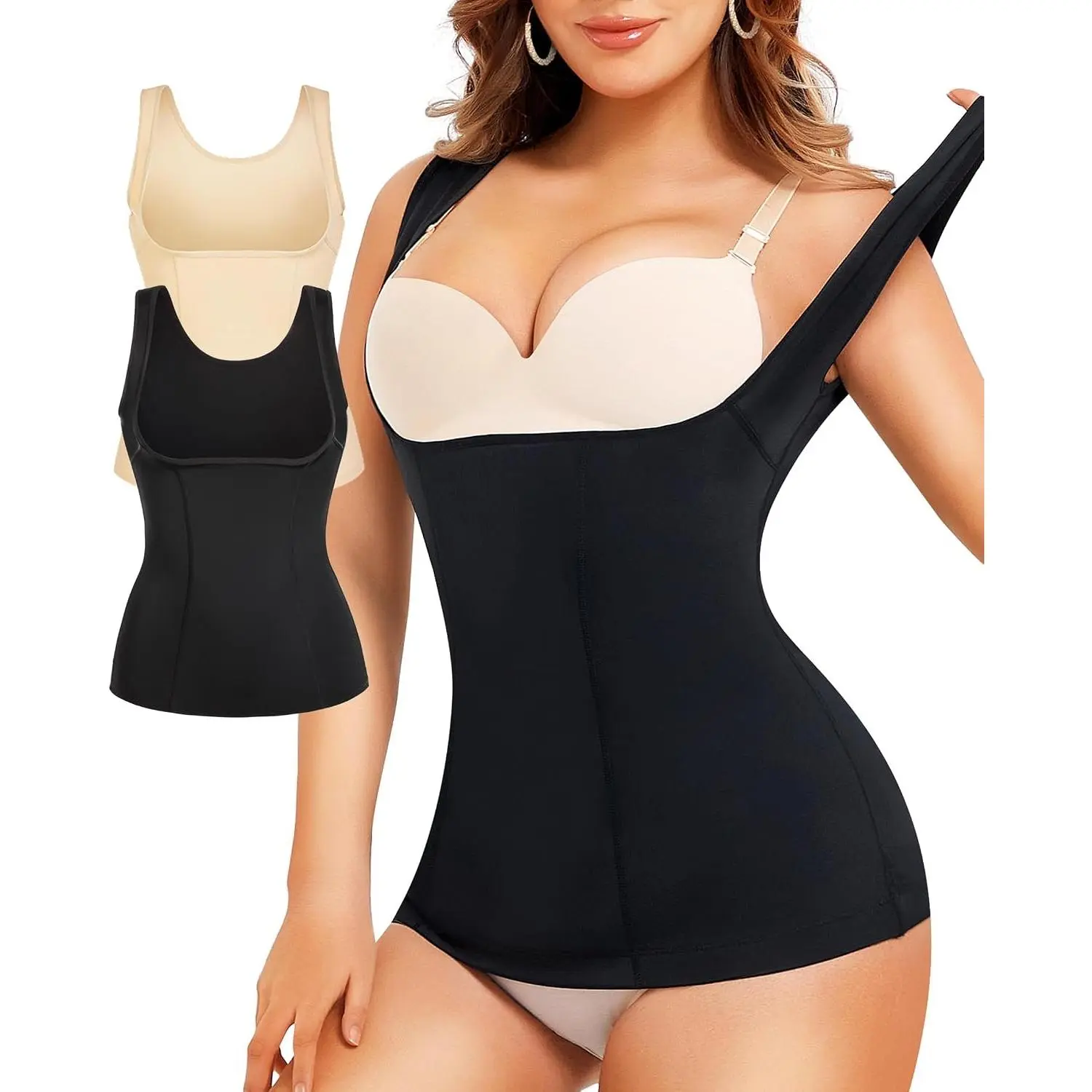 Women's Waist Cincher Tummy Control Shapewear Compression Vest | Invisible body shaper has double compression for waist smoothing. open bust fits a bra, stretch silky fabric suits daily wear