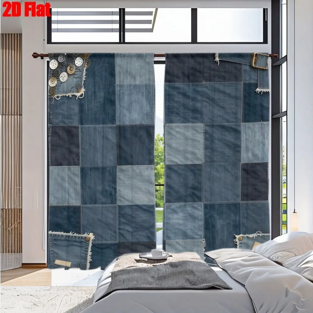 2D Flat 2Pcs Patchwork Denim Curtains with Pocket Detail, Vintage Fabric Panel, Rustic Farmhouse Style, Decorative Window Treatment for Bedroom Living Room Kitchen Home Decor