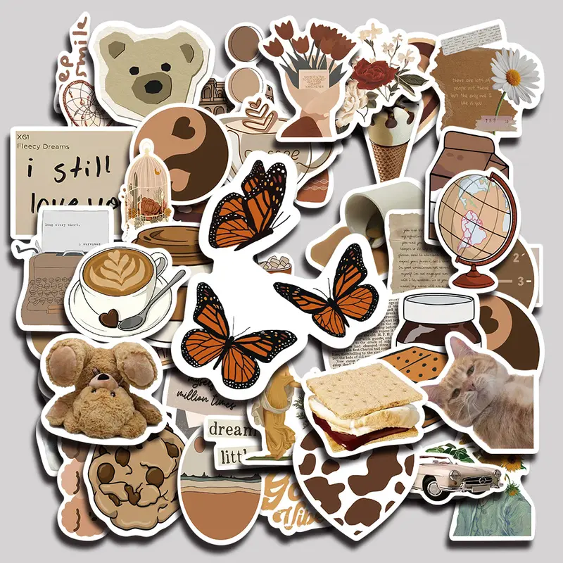 60PCS Brown Aesthetic Aesthetic Vinyl Stickers Pack for Laptop Water Bottle Phone Case Skateboard Journal Scrapbook DIY Decoration
