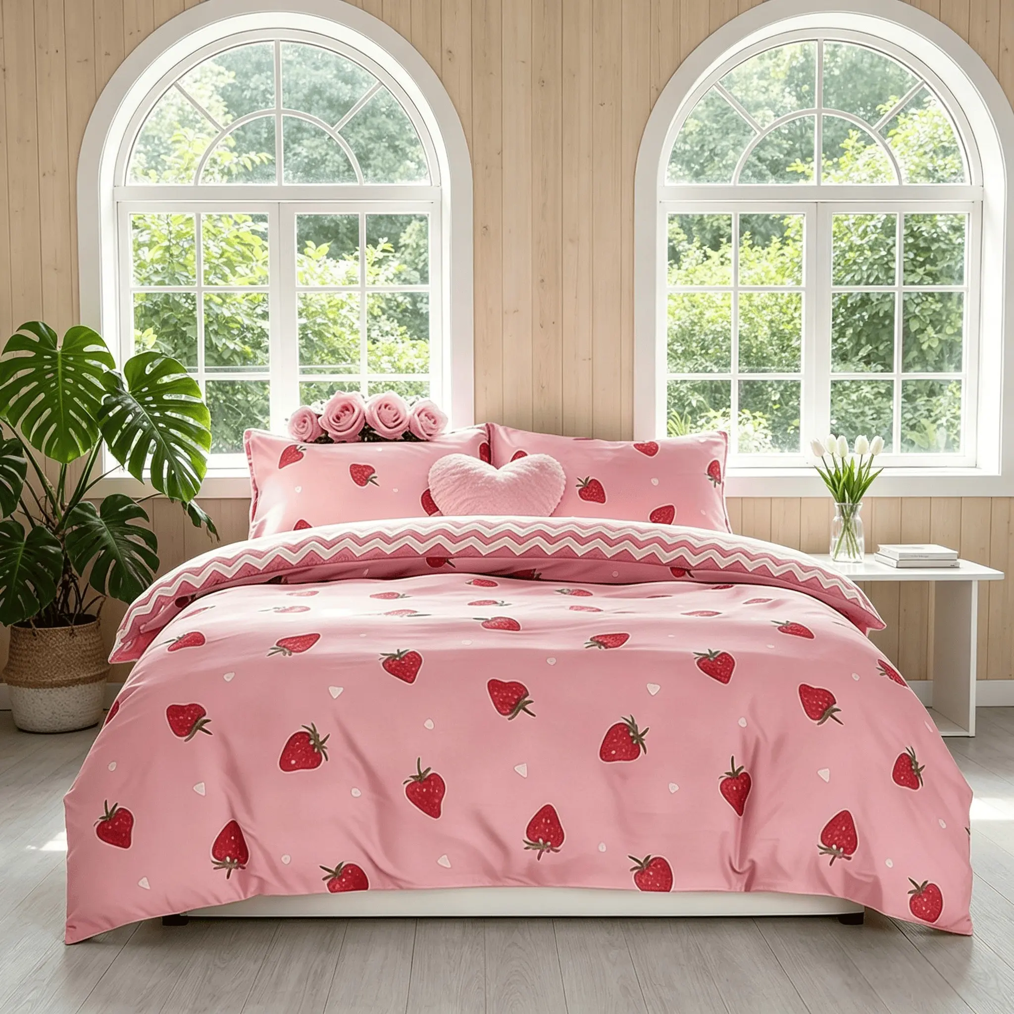 This 3-piece strawberry-print bedding set contains 1 duvet cover and 2 pillowcases (no inner fillers), featuring soft comfy fabric for warm & fresh-style home bedrooms.