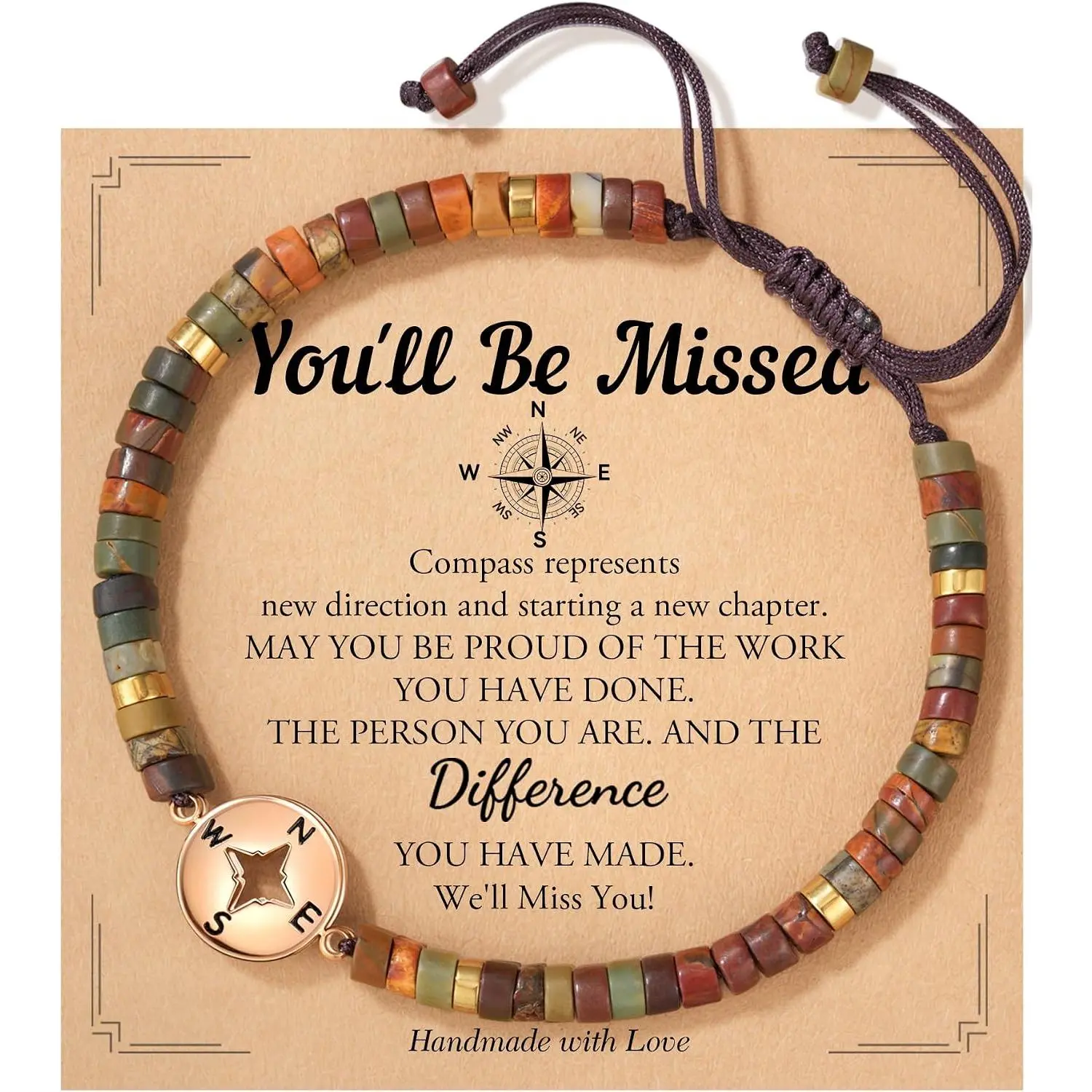 Stone Inspirational Compass Bracelet for Women,  Farewell  Beginnings Gifts for Coworker  Teachers, Employees Goodbye Gifts for Women with Message Card