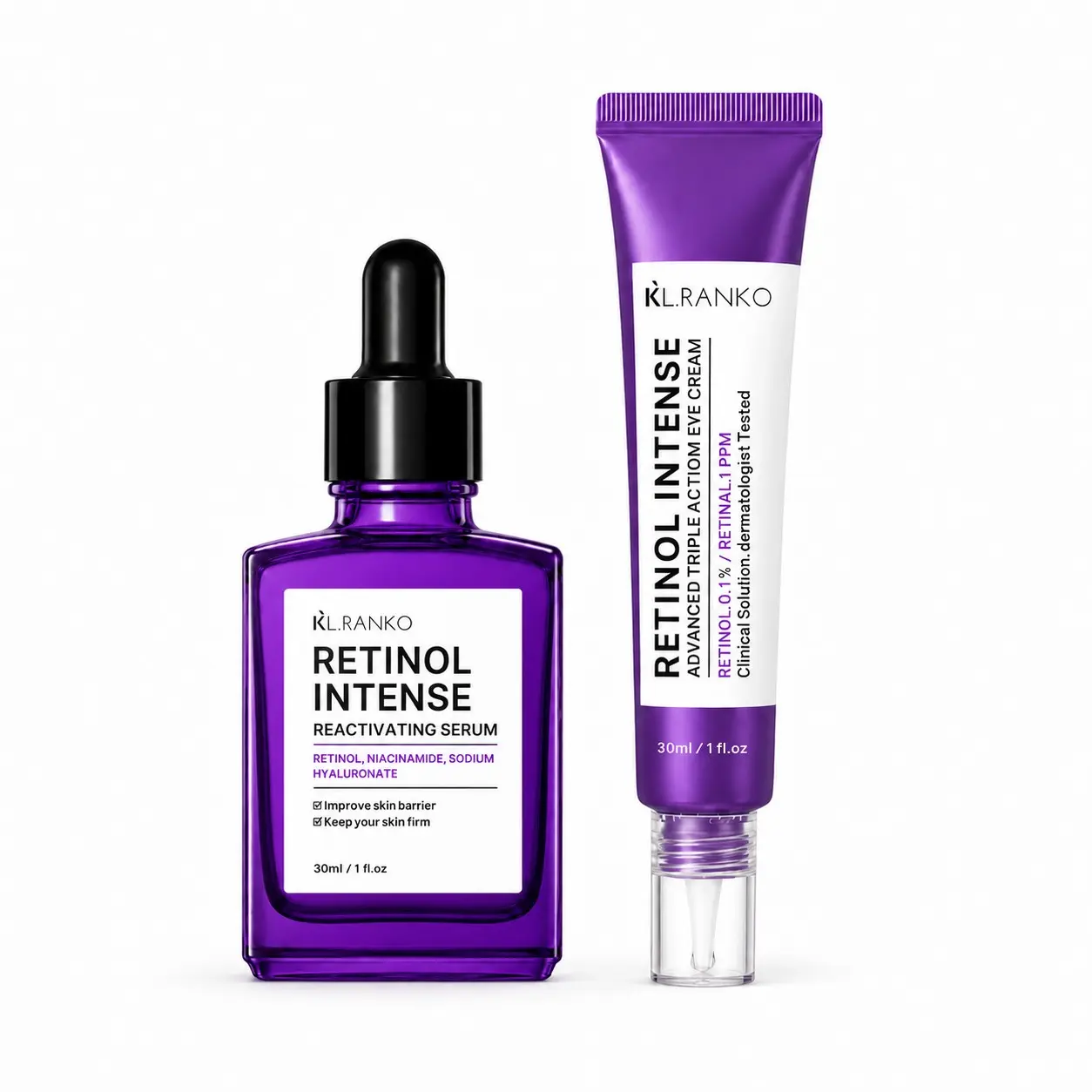 Retinol Serum & Eye Cream Set, Anti Aging Set, 0.1% Retinol Face Serum with Bakuchiol 5,000 ppm, Night Face + Eye Care for Fine Lines, Texture, Dark Circles & Tired-Looking Eyes, Skin Care Sets