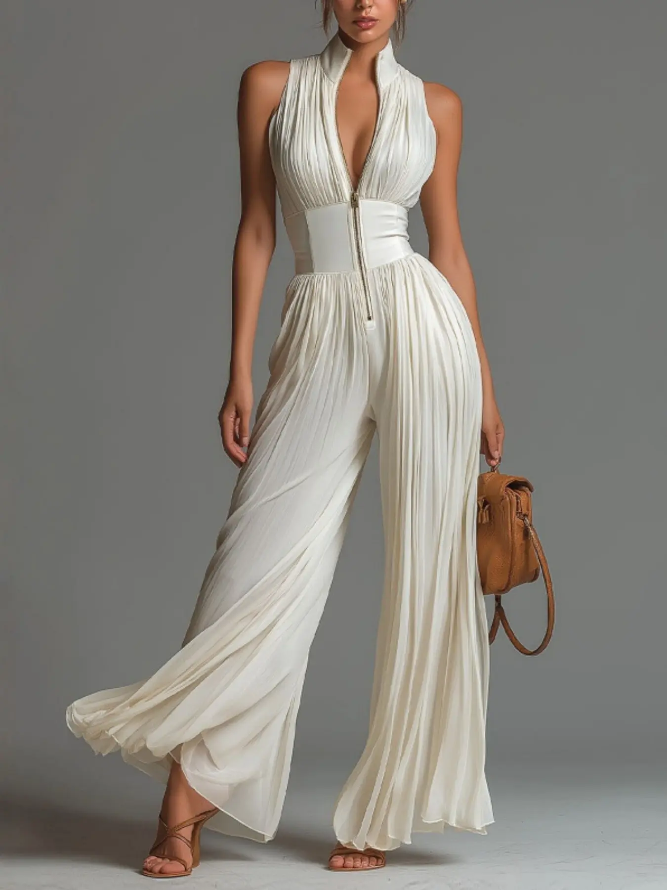 2026 New European Style Fashion Sexy Pleated Halter Neck Stand Collar Zipper Jumpsuit, Long Wide Leg Pants, Elegant High Waist