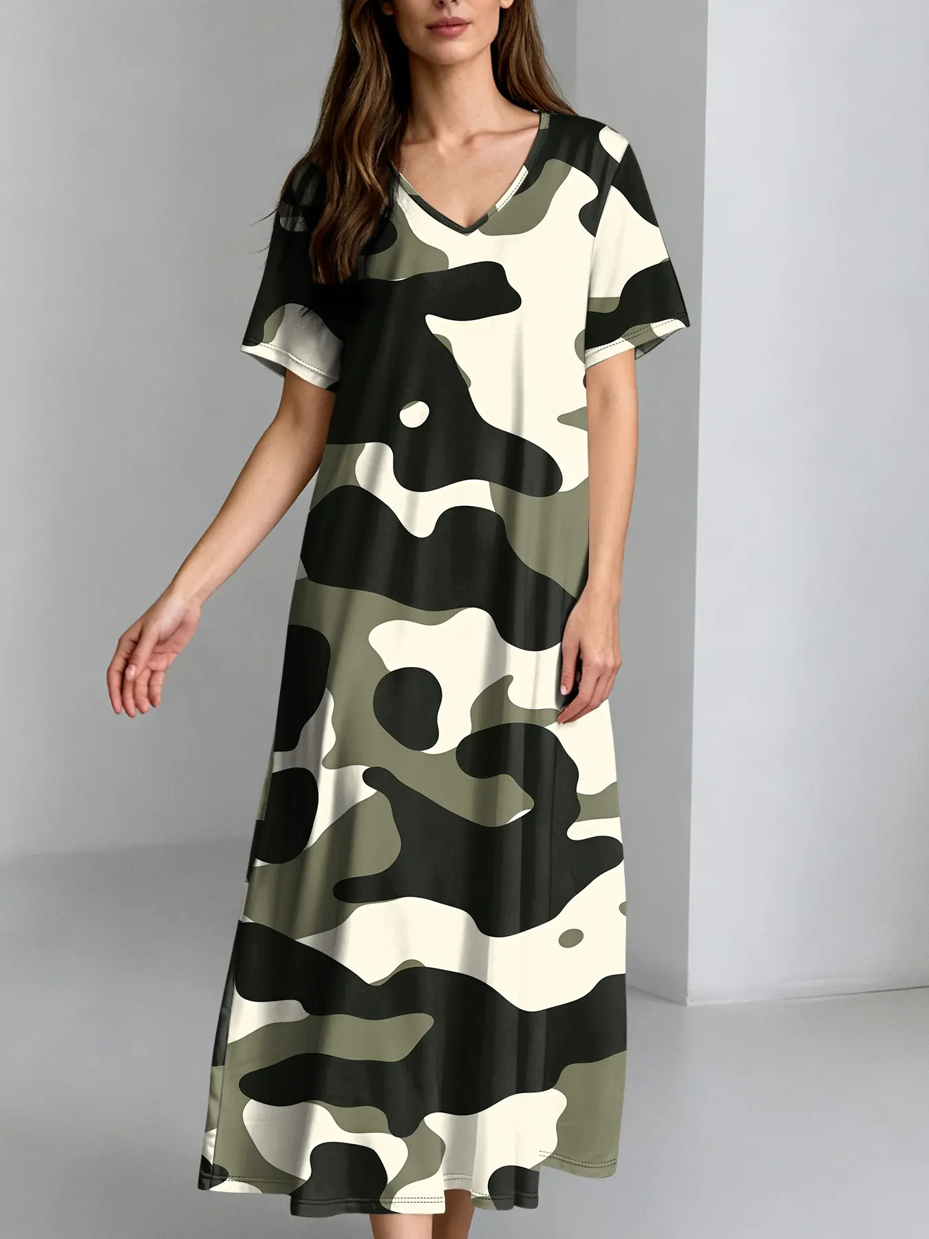 Women's Camouflage Print V-Neck Dress, Loose Short Sleeve Midi Dress, Side Pocket Casual Street Style, Comfortable and Stylish