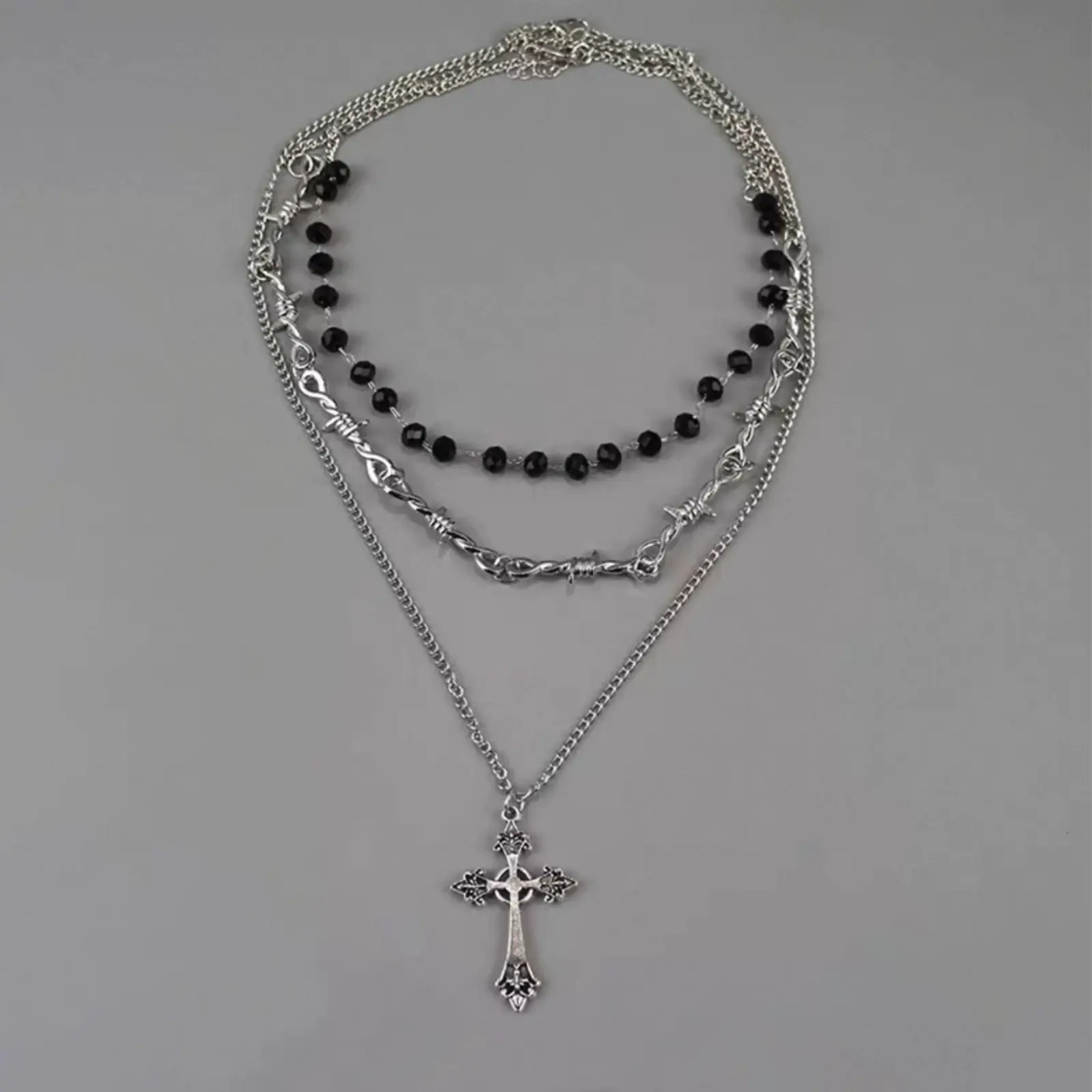 Women Fashion Layered Necklaces Universal Jewelry, Viral Y2K Gothic Cross Pendant Necklace, Underrated Alt Punk Barb Wire Beaded Choker, Detachable Triple Stackable Chain Neckwear, Antique Silver Alloy Adjustable Length Non-Fade Accessory, E-Girl Streetwe