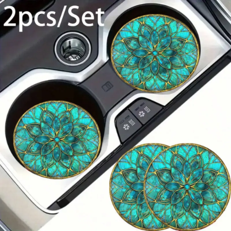 Boho Teal Floral Stained Car Cup Holder Coasters 2Pcs, Waterproof Non-Slip Drink Cup Mats, Universal Automotive Interior Decor Gift for Car Owners, Car Accessories