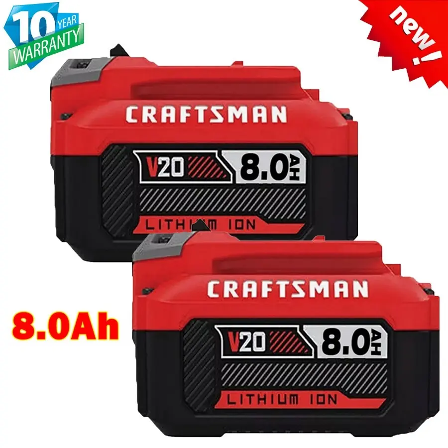 Brand New 2-Pack 8000 mAh Lithium Ion Batteries, High Capacity Replacement for Craftsman V20 20V MAX Cordless Power Tools, Compatible with CMCB204, CMCB202, CMCB206, CMCCSL621D1, CMCF900B, Fast Charger