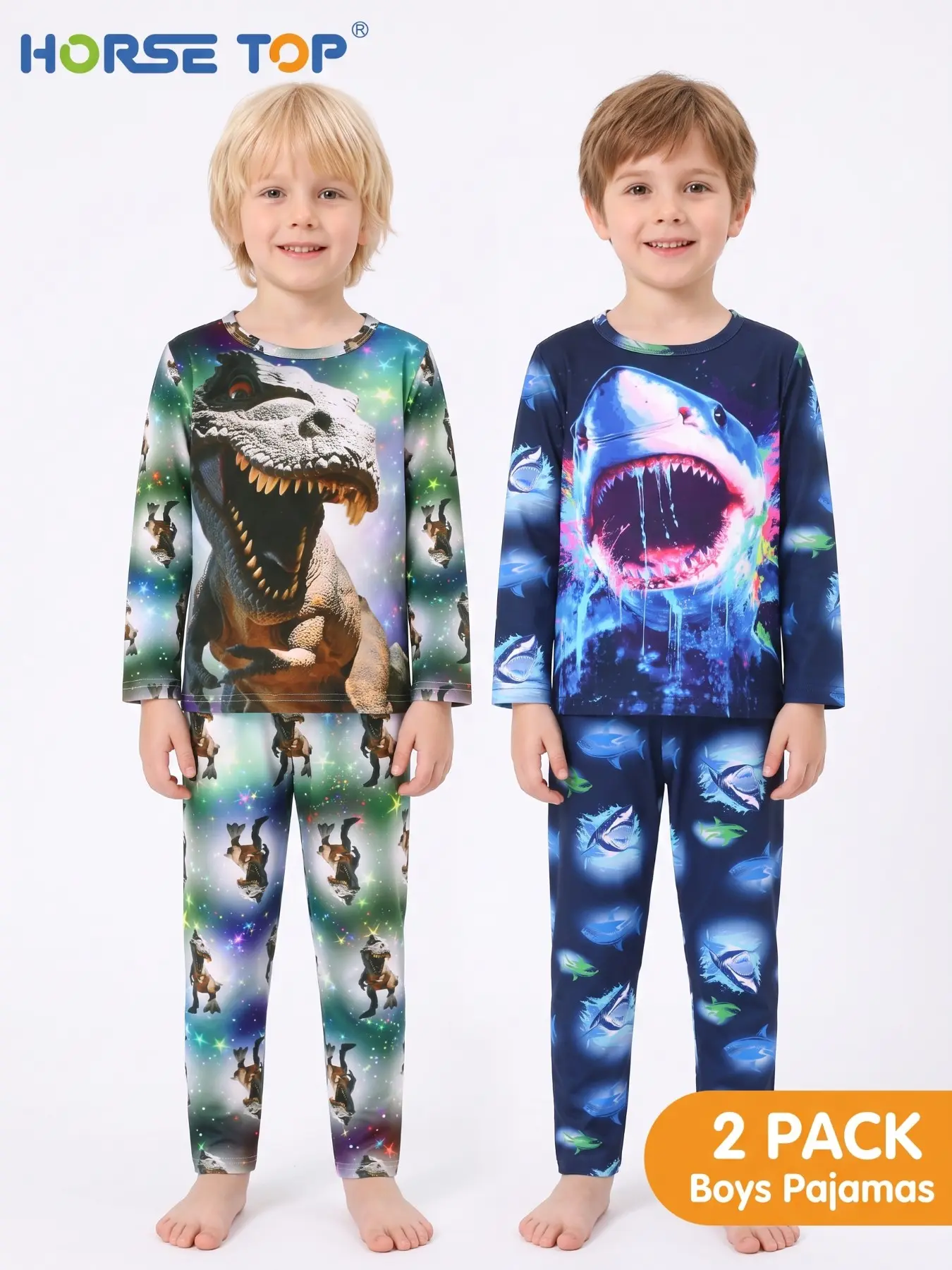 4-Piece Boys' Shark & T-Rex Pajama Set, Long Sleeve Full-Body Sleepwear, Fireproof Material, All-Seasons Fashionable Design