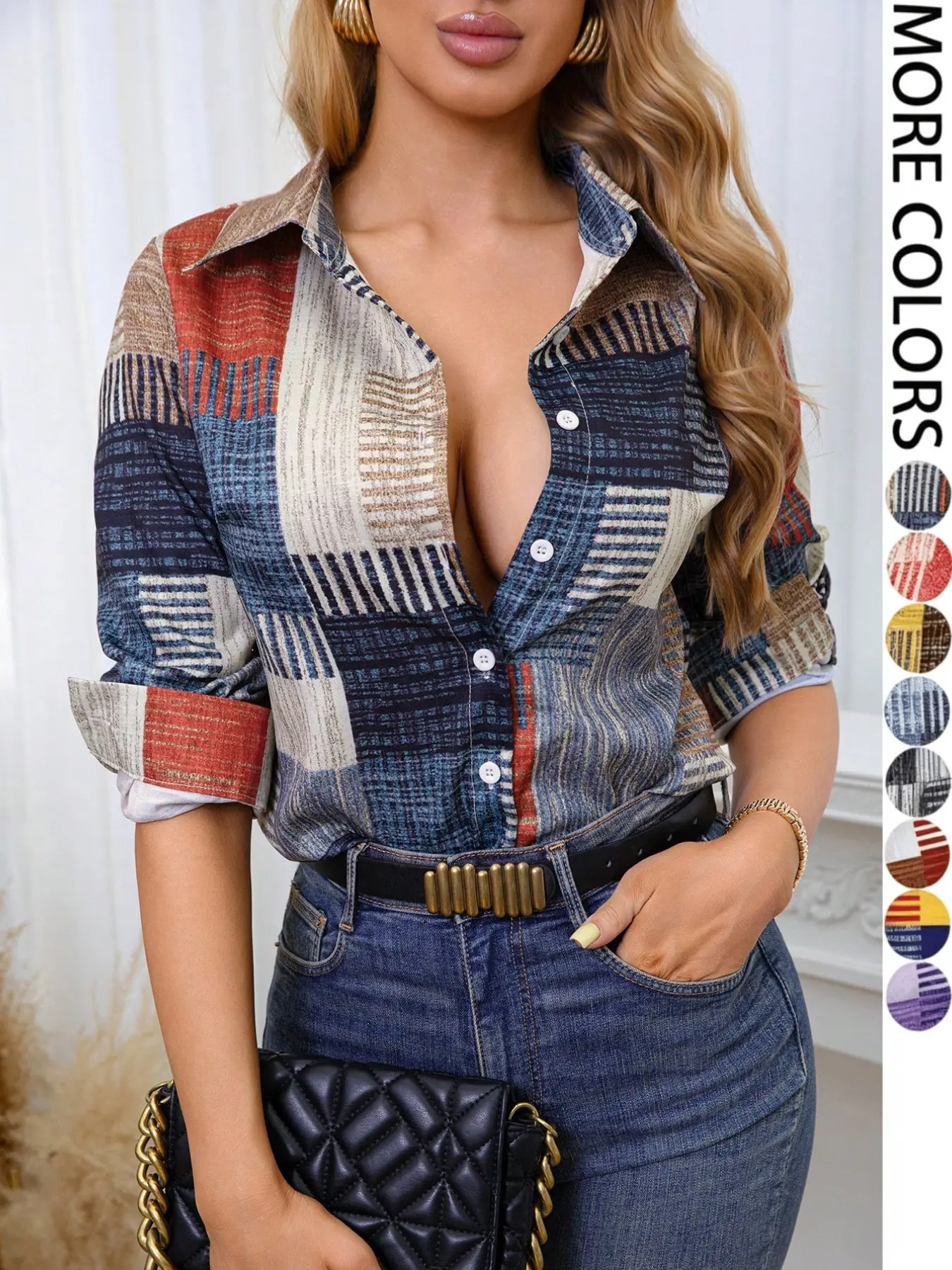 Splicing color block printed shirt casual retro shirt plaid front button sexy versatile casual oversized long sleeved top Baggy Blouse Blouse Shirts