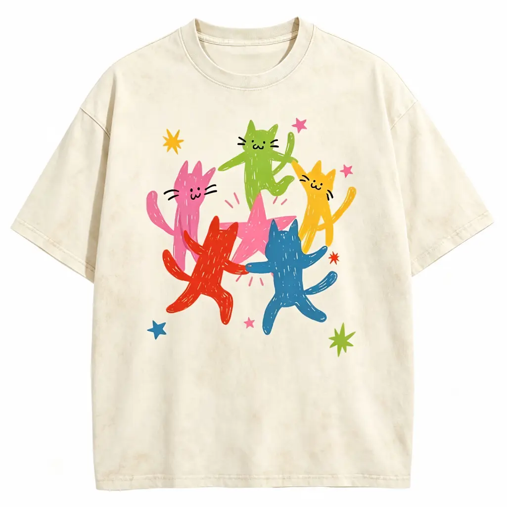 Women's Washed Casual Animal Print Graphic Tee - Dancing Cat Star Dopamine Happy Hand-Drawn Tops for Sports & Outdoor Activities, Graphic Tees
