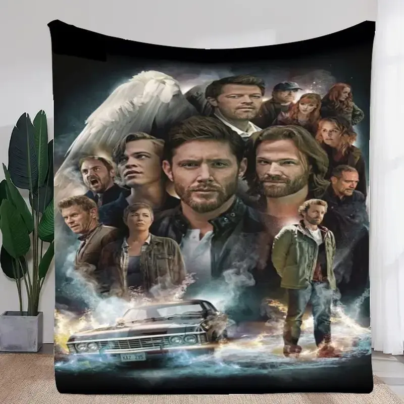 Supernatural TV Series Graphic Blanket featuring Dean Winchester, Sam Winchester, and Castiel - Cozy Soft Fleece Throw Blanket w
