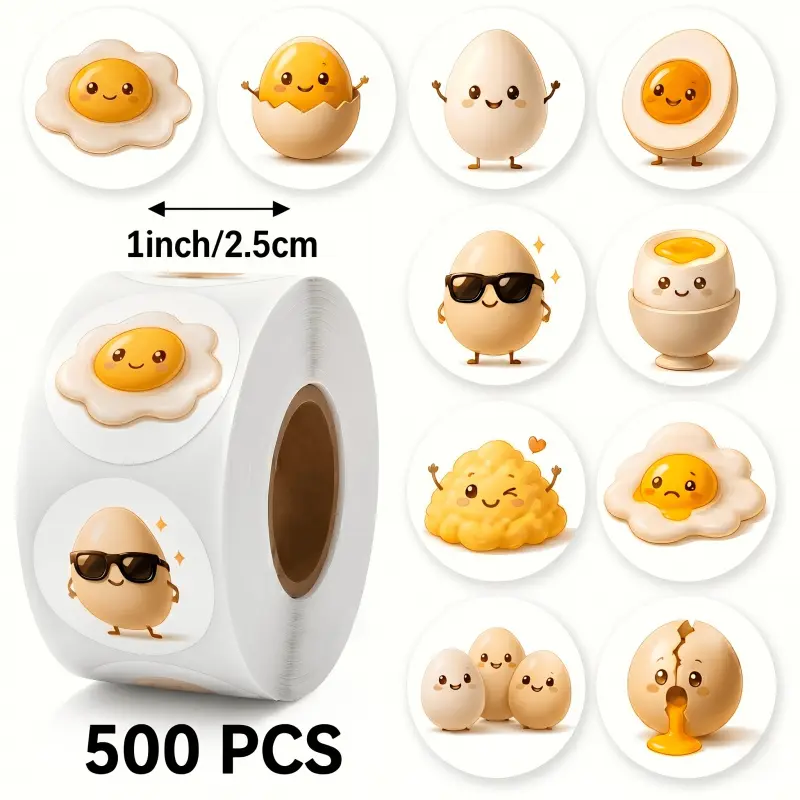 500Pcs 1inch Funny Emoji Egg Stickers Roll Cute Aesthetic Round Labels for Journal Scrapbook Baking Food Packaging Envelope Sealing Kitchen Stationery Decoration