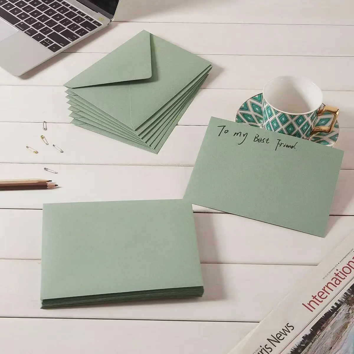 100 Pcs Sage Green A7 Invitation Envelopes 5.24x7.24 Inches, Matte 5x7 Card Envelopes with 100 Gold Heart Wax Seal Cards, Matte Cardstock, Includes 100 Gold Heart Seals, Perfect for Weddings, Parties, Greeting