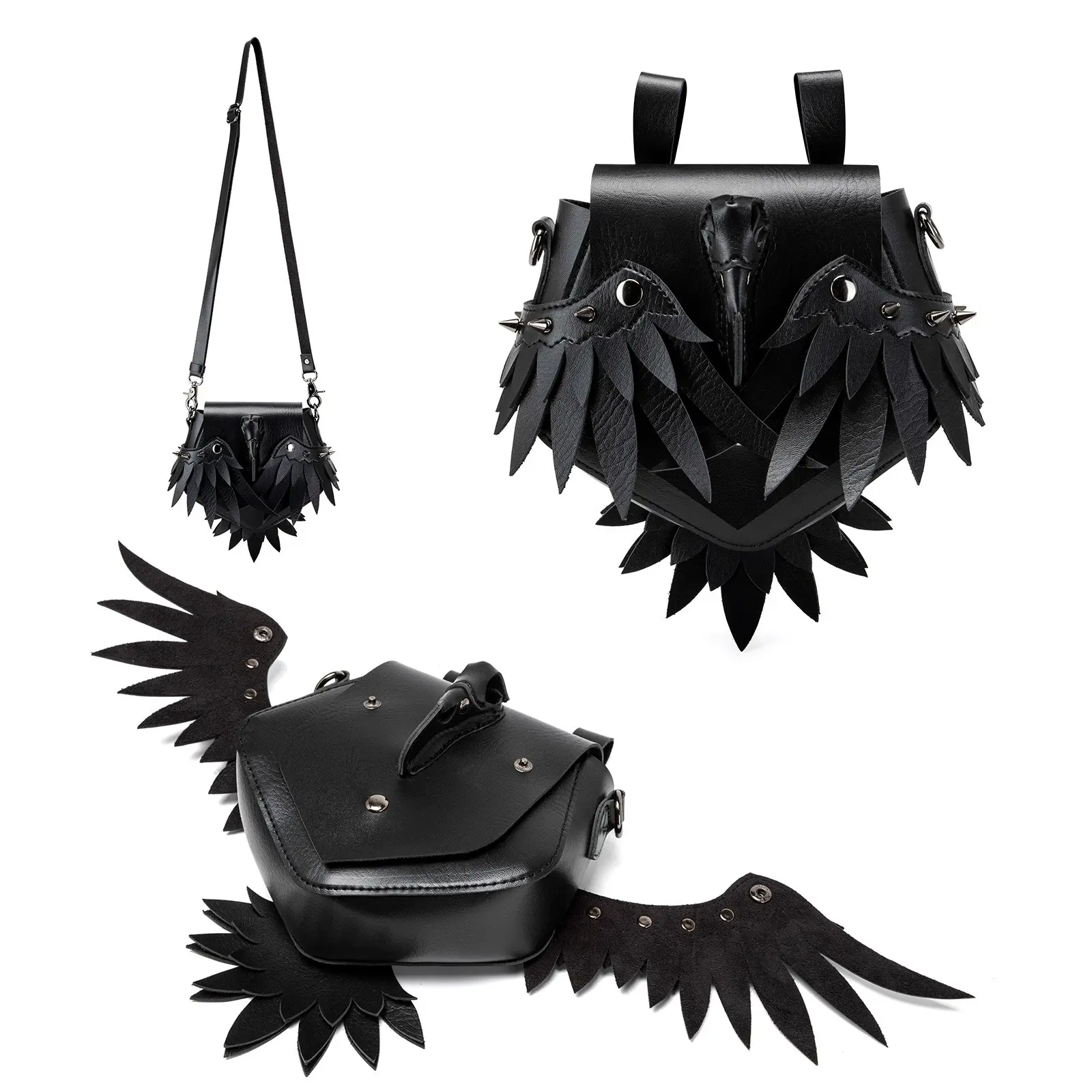 Gothic Raven Wing Crossbody Bag With Strap, Dark Punk Riveted PU Waist Bag, Portable Lipstick & Earphone Storage Pouch, Alt Fashion Halloween Cosplay Accessory