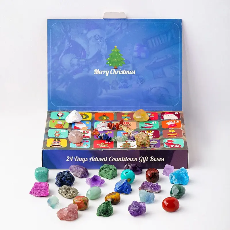 New Christmas 24-Day Countdown Crystal Calendar Gift Set, Includes 24 Natural Mineral Specimens, Perfect for Collectors and Holiday Displays