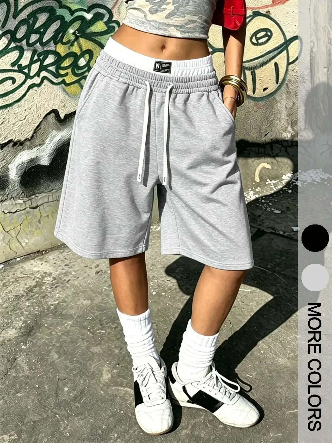 Autumn Style Two-Piece Waist Drawstring Five-Quarter Shorts, Lazy Loose Wide Leg Sweatpants, Flattering Leg Shape, Bottoms