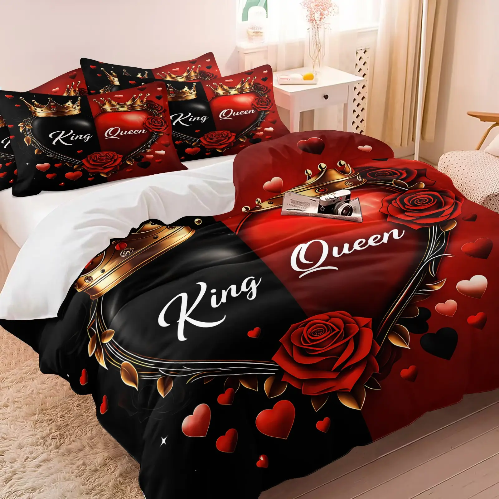 2/3Pcs King Multiple Couple Heart Duvet Cover Set Soft Microfiber Romantic Rose Crown Bedding Set No Comforter Luxury Matching Bed Cover For Anniversary Bedroom Decor All Season Use