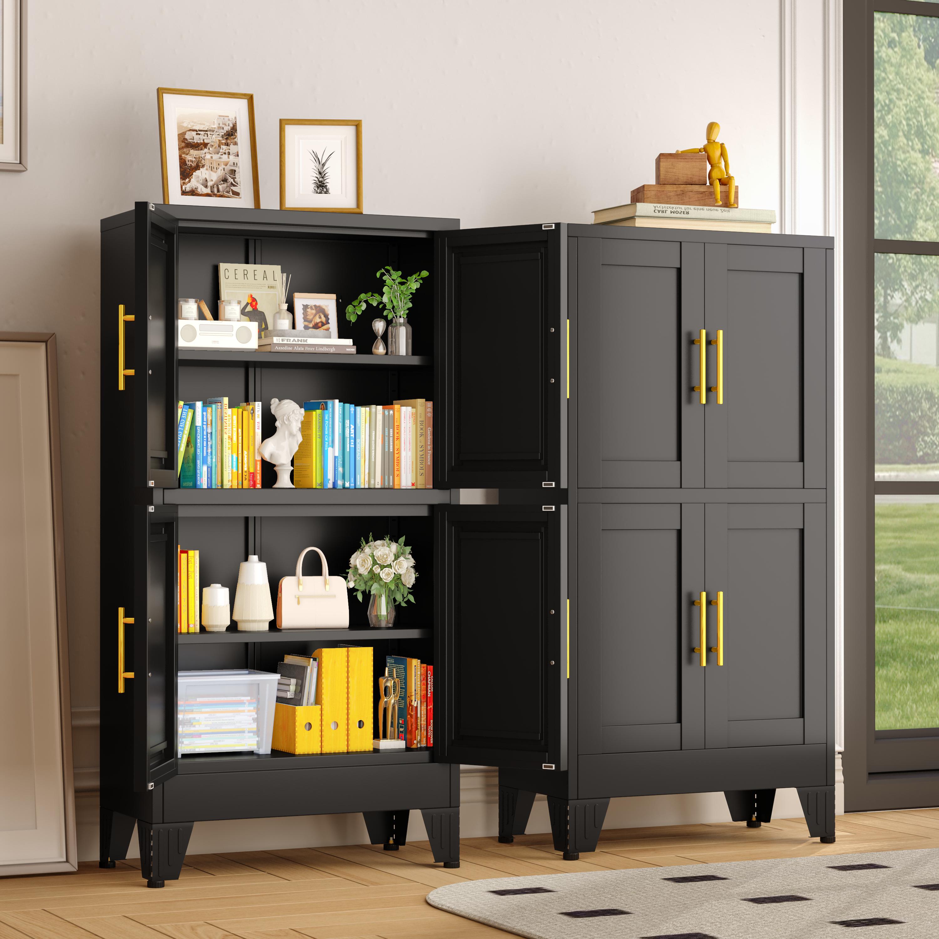 Kitchen Pantry Cabinet 47" Tall Metal Storage with Doors & Adjustable Shelves Black Freestanding Organizer for Kitchen Dining Room Living Room Laundry Room Minimalist Drawer Tower