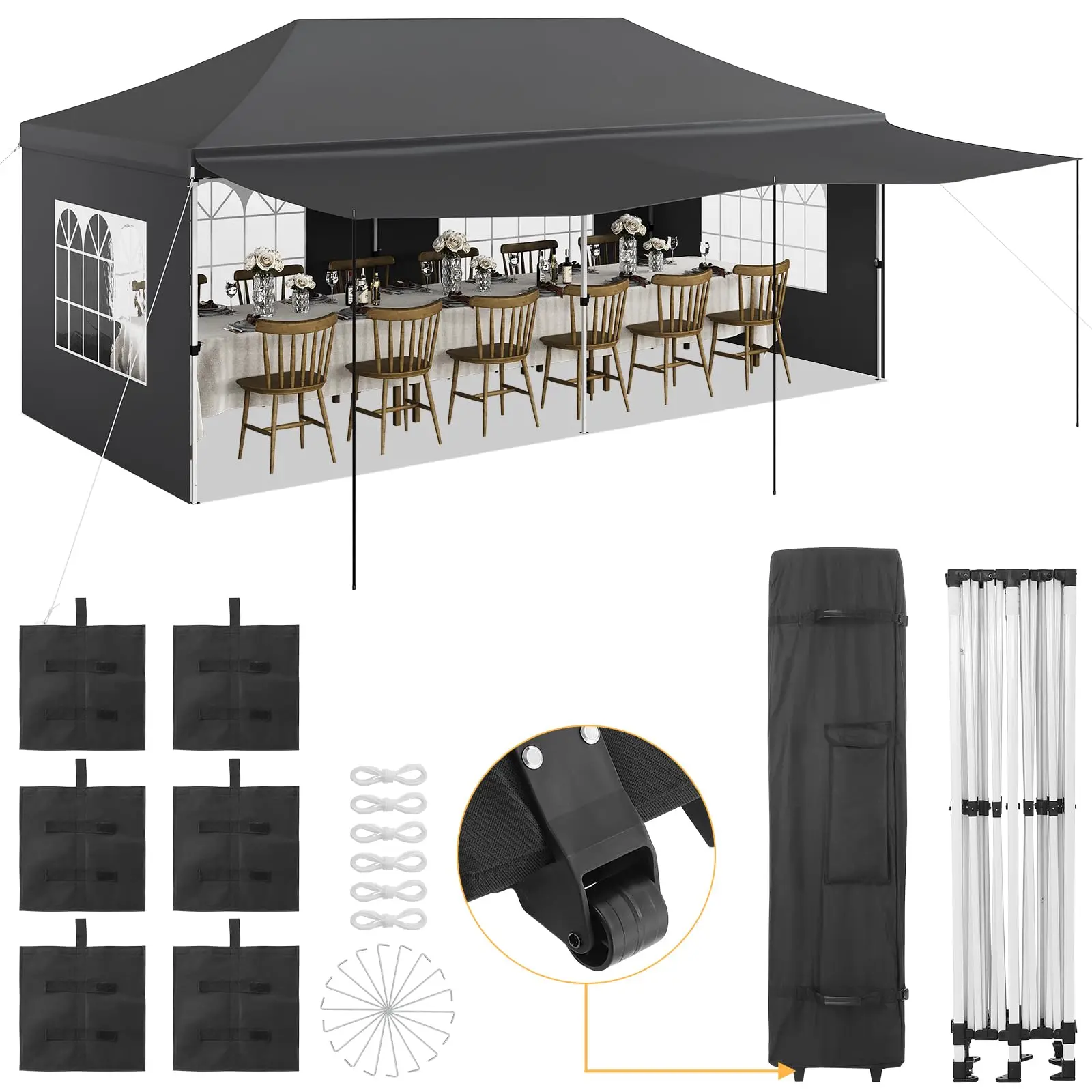 Garvee Pop Up Canopy Tent, 10x20 Commercial Heavy Duty Canopy for Parties with Roller Bag, 6 Removable Sidewalls, Upgraded Thickened Legs, Includes Sand Bags, Grey