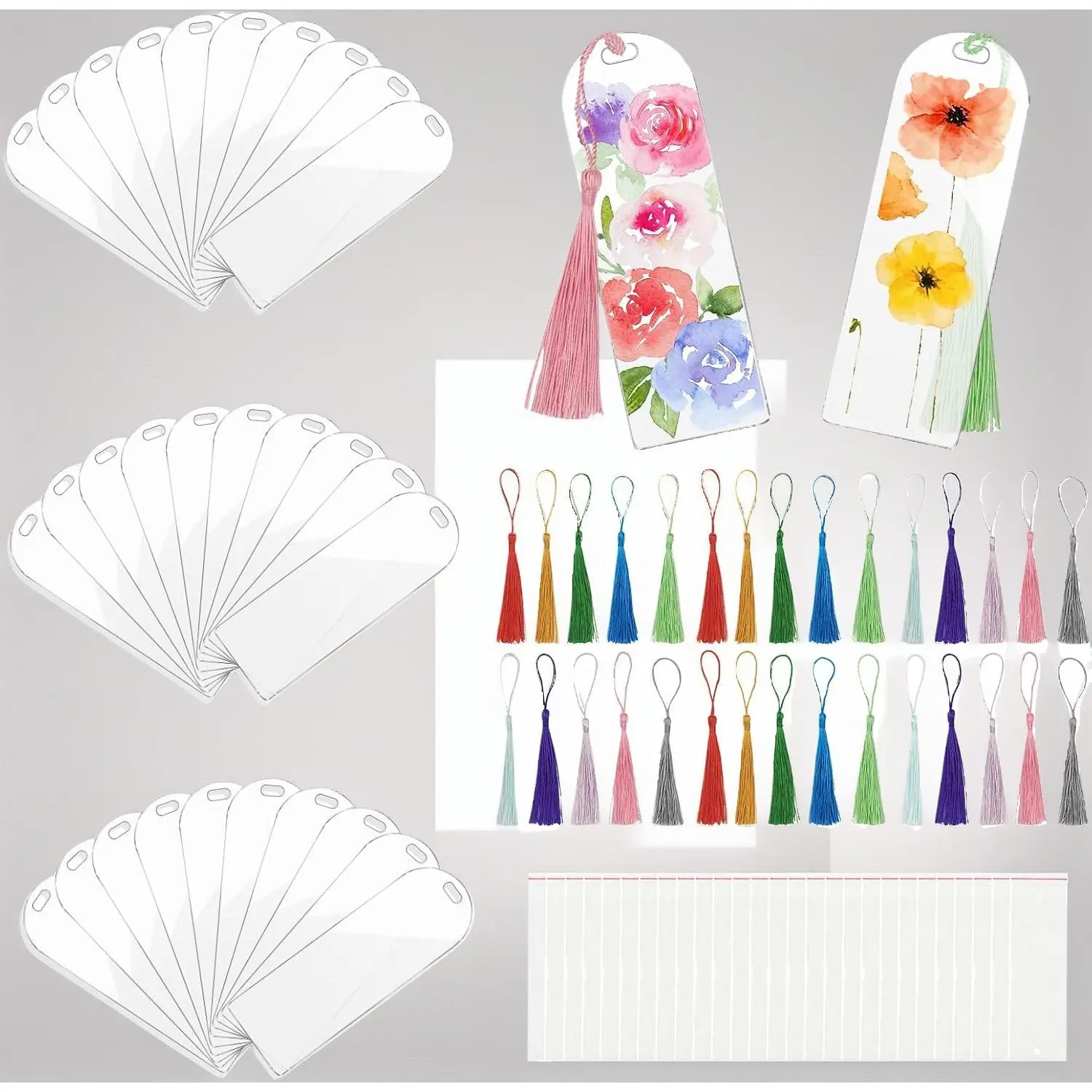 90 Pcs Acrylic Bookmark Blanks Kit – 30 Sets Clear 6" x 2" Bookmarks with 30 Tassels & 30 Self-Adhesive Bags, DIY Crafting Project & Gift Tag Supplies (Semicircle)