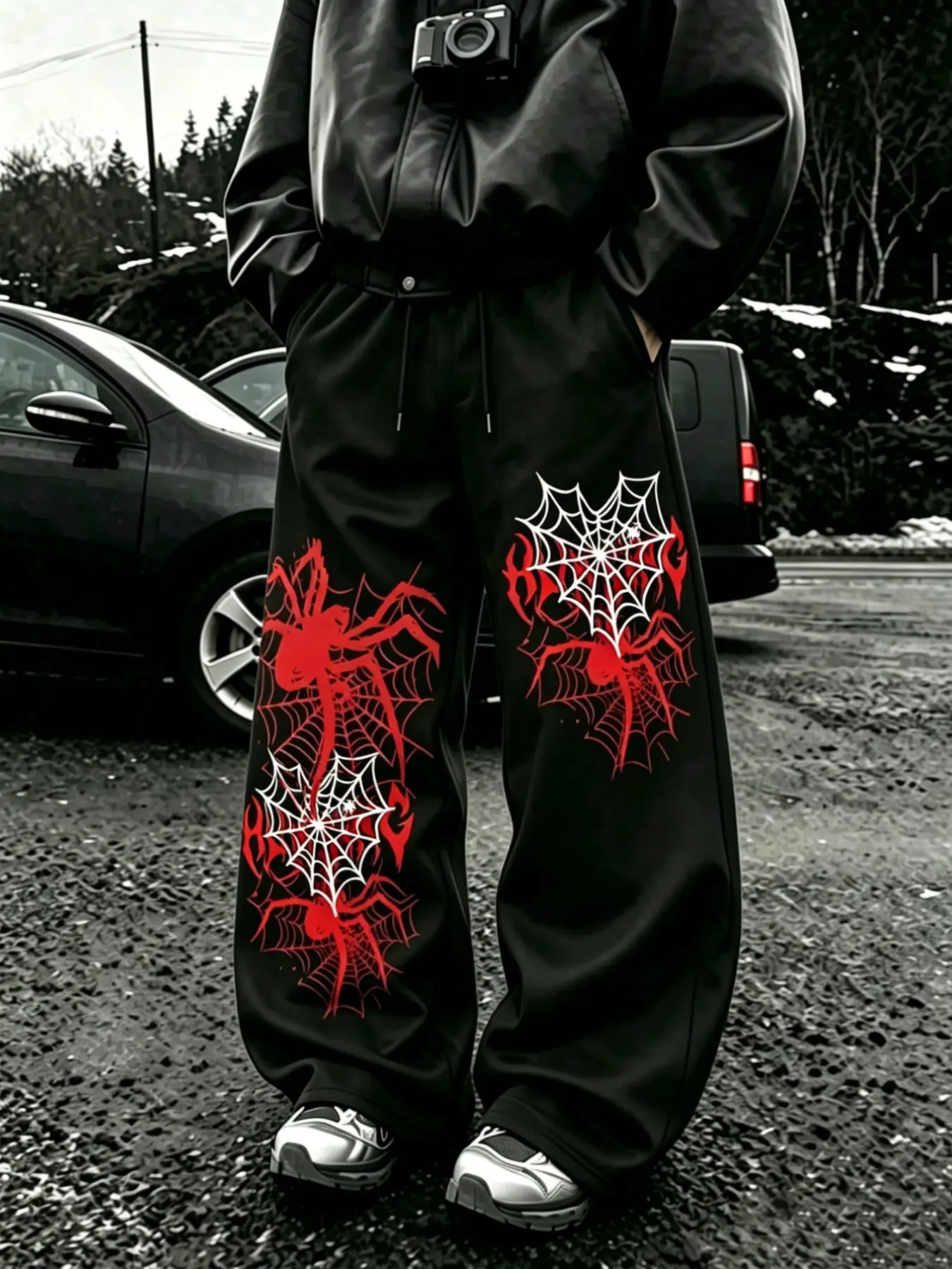 Men's High-Waisted Drawstring Wide-Leg Sports Pants, Soft Breathable Knit Joggers, Gothic Spider Web Print, Loose Fit Streetwear
