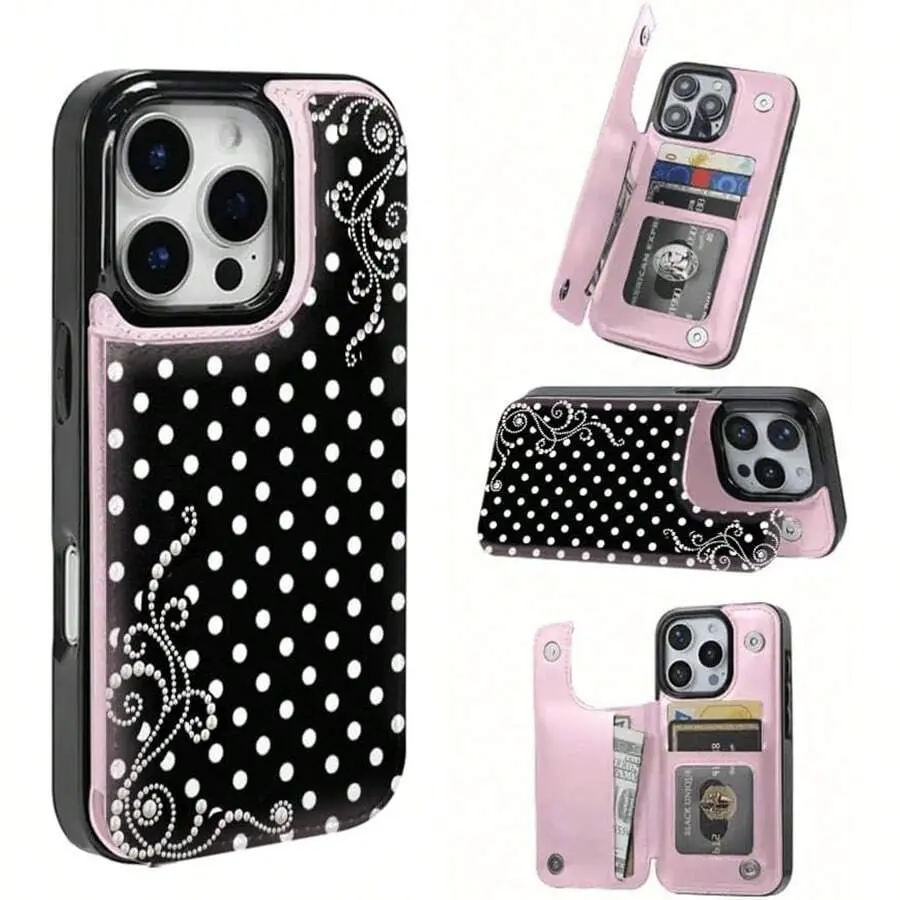 Pearl Polka Dot Dream Patterned Card Holder Leather Case Is Compatible With IPhone 17 Pro Max/Air/16/15/14/13/12/11. It's An Ideal Gift For Christmas, Valentine's Day, And New Year's, Perfect For Boyfriends, Girlfriends, And Family.